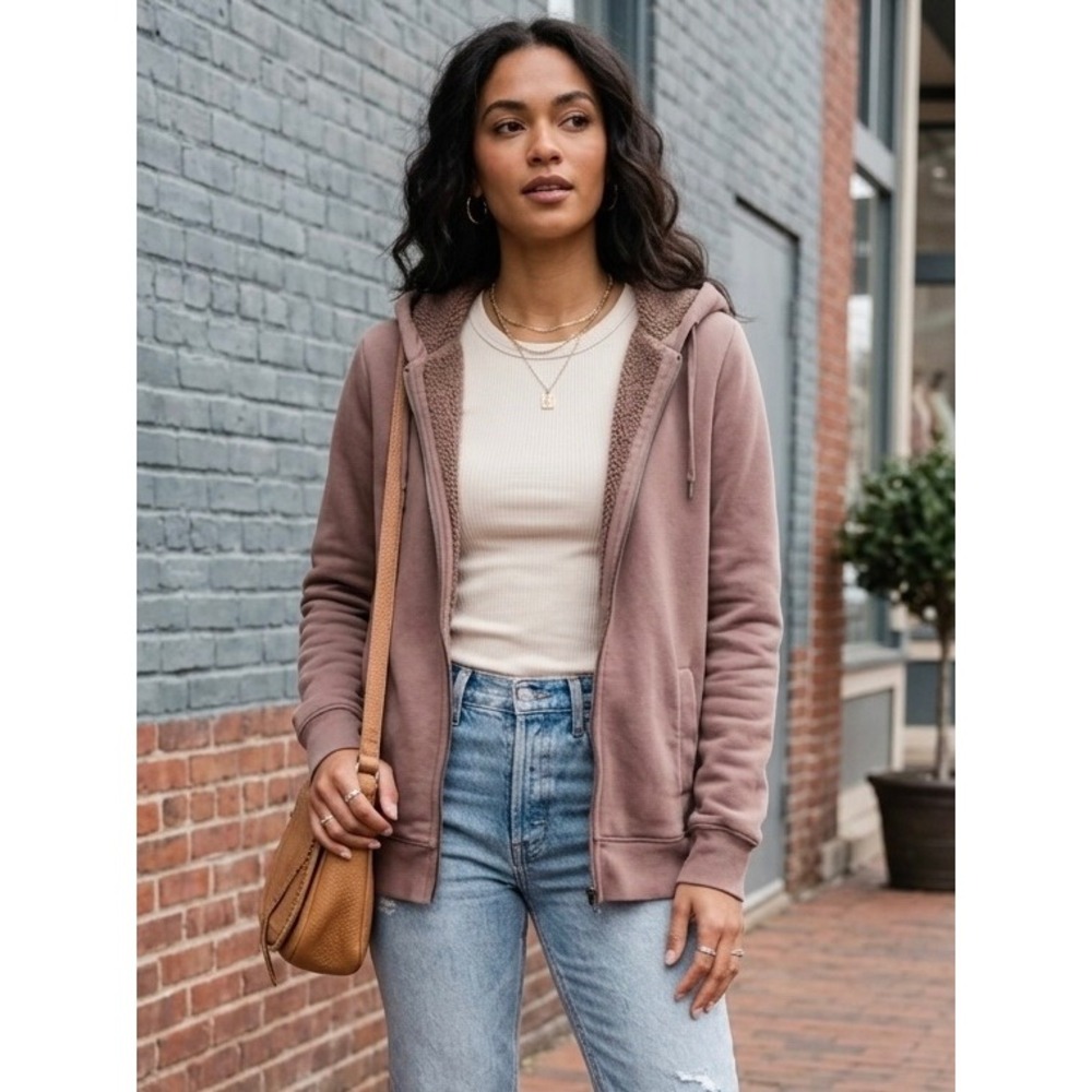 J.Crew Sherpa Lined Zip Hoodie Brown Small Cozy Fleece Sweatshirt